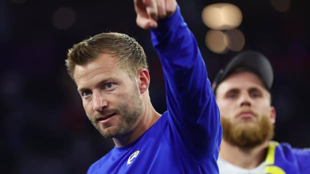 Feb 13, 2022; Inglewood, CA, USA; Los Angeles Rams head coach Sean McVay celebrates after defeating the Cincinnati Bengals in Super Bowl LVI at SoFi Stadium. Mandatory Credit: Mark J. Rebilas-USA TODAY Sports